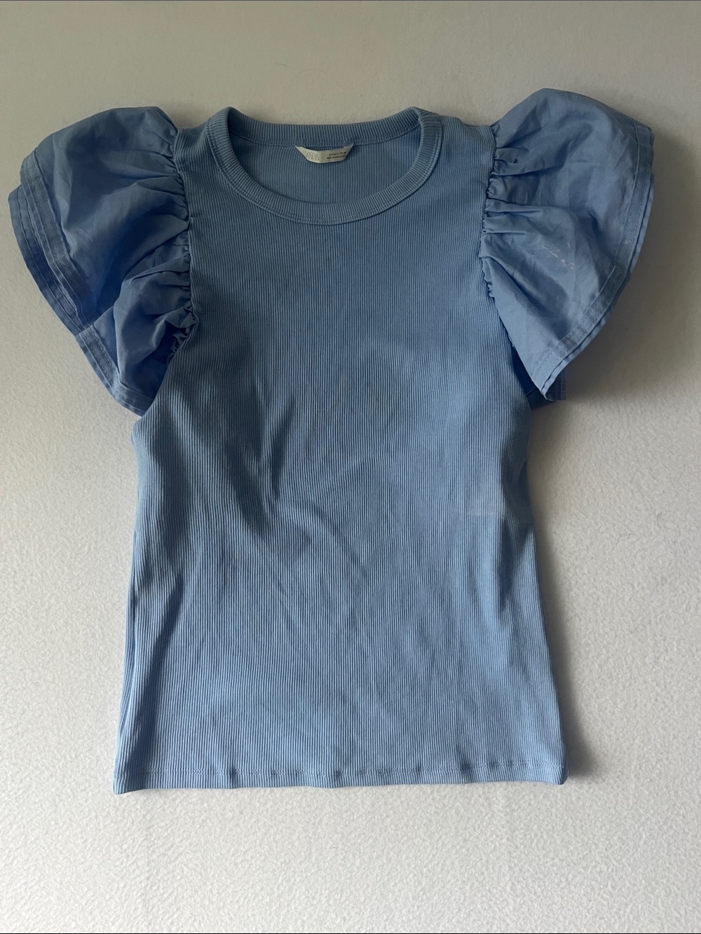 Zara Sky Blue Ribbed Tee with Puff Short Sleeves